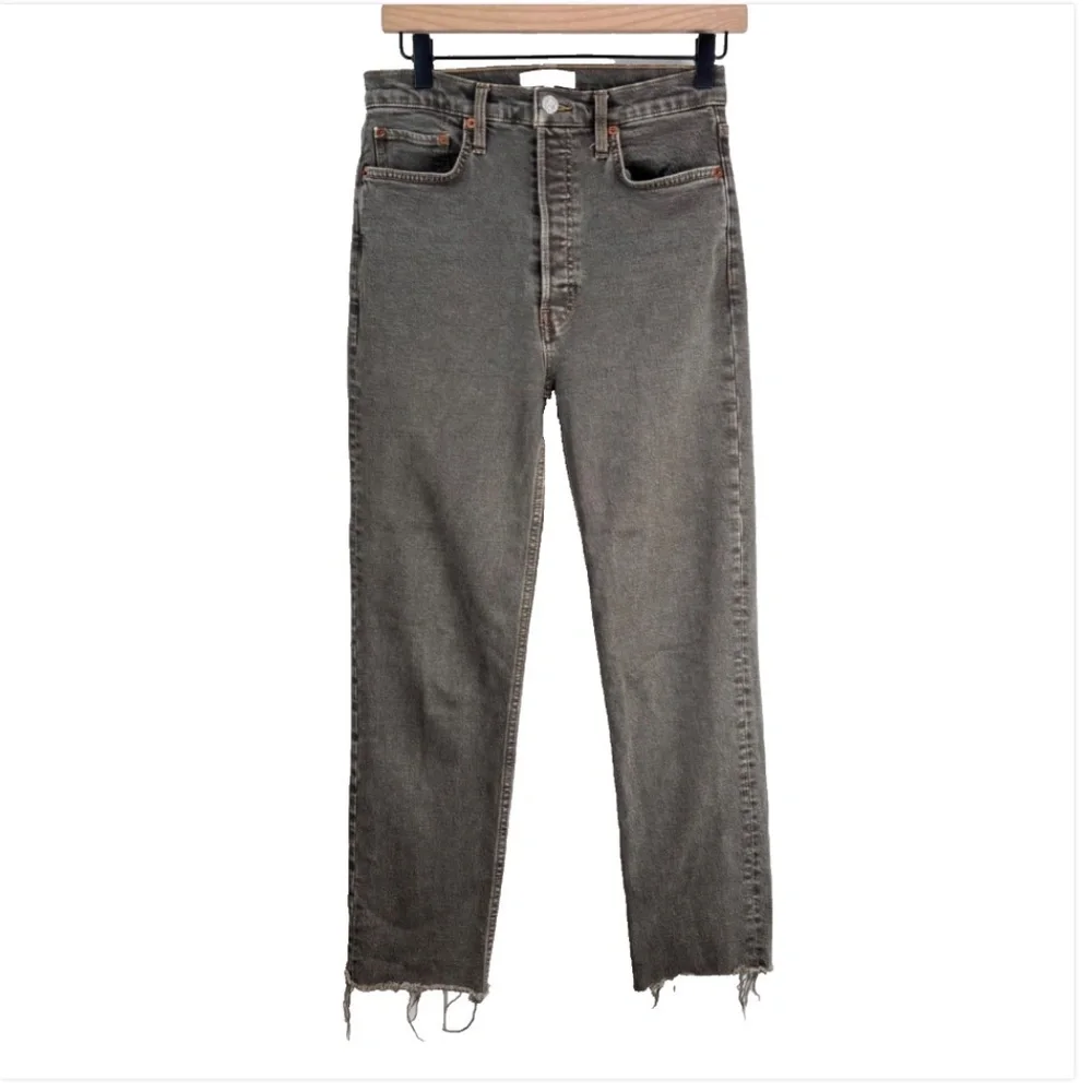 Re/Done 70s Ultra High Rise Stove Pipe Jean 27 Washed Chocolate Brown Raw Hem